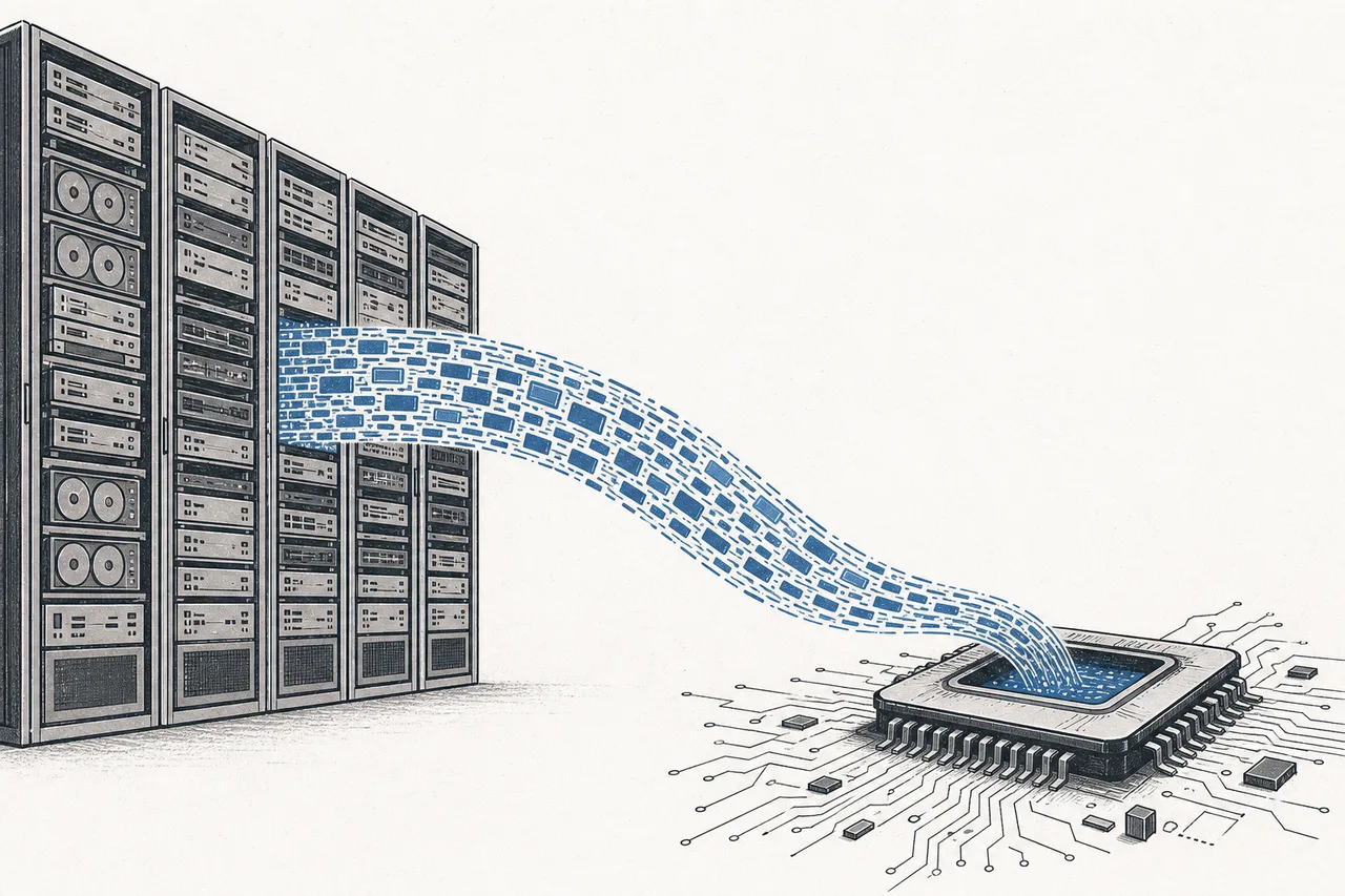 Towering racks of storage systems in a data center, with a conveyor of data flowing out to feed AI chips working alongside