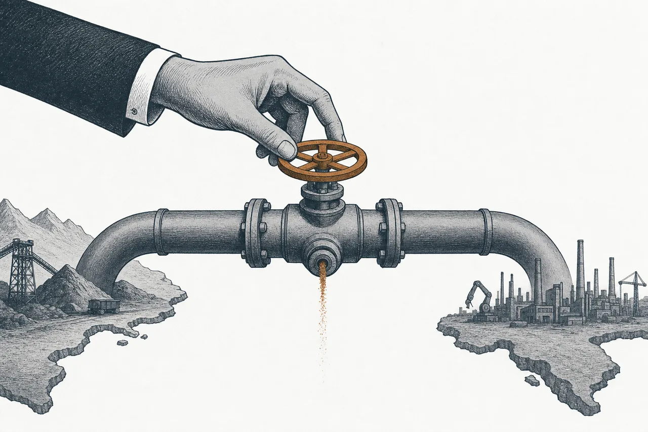 A giant hand closes the valve on an ore pipeline running between two continents, bringing the downstream production line to a standstill