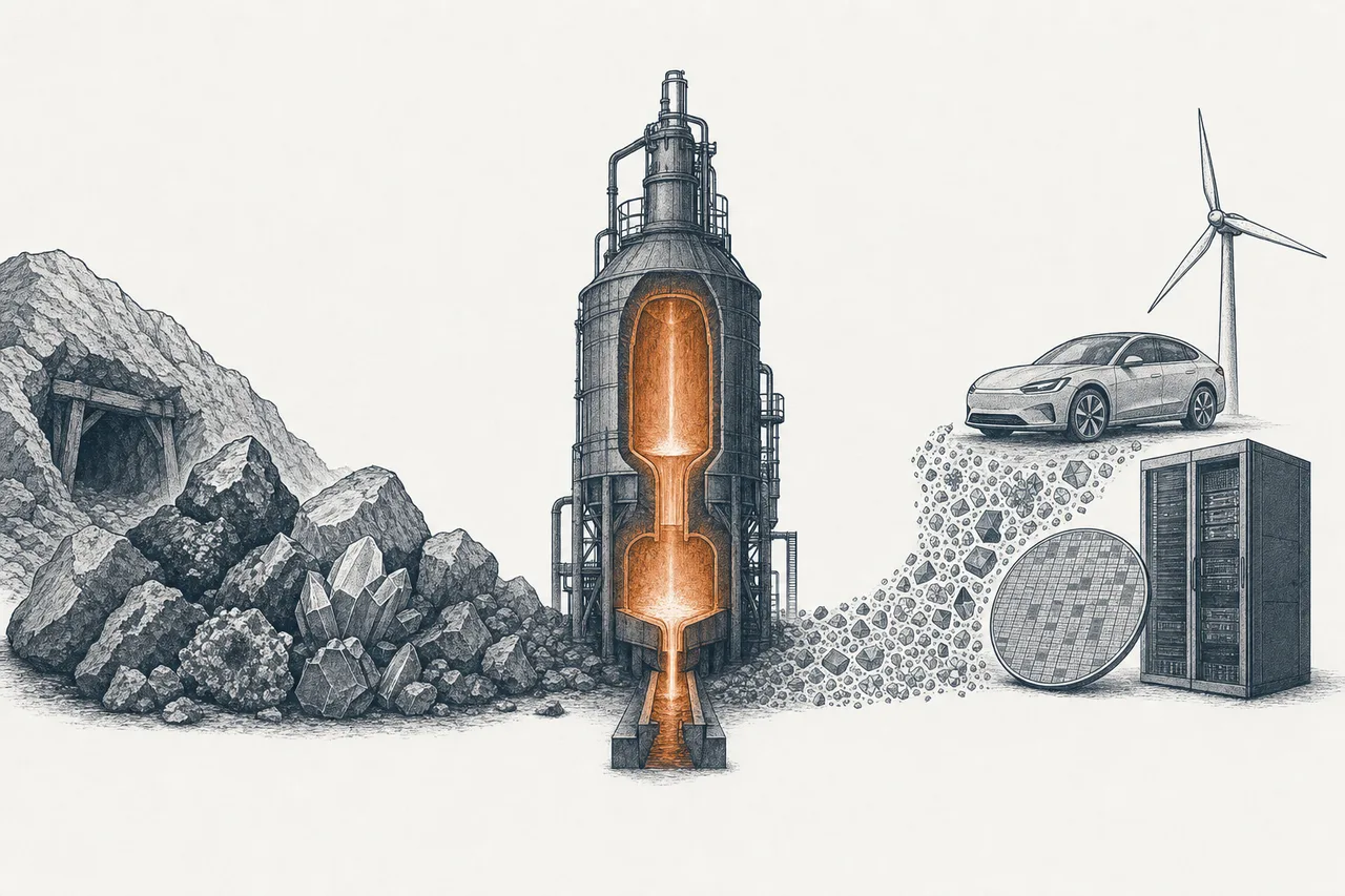 A chunk of raw ore from a mine flows through a glowing refinery, then breaks apart into the parts of an EV, a chip, and a wind turbine