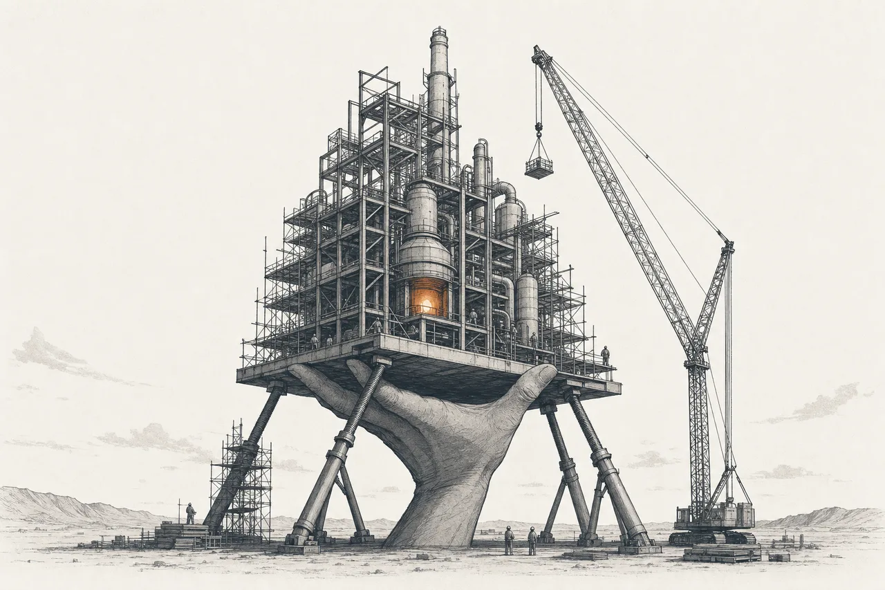 A new refinery slowly rises on Western soil, with a government hand propping up its structure from below