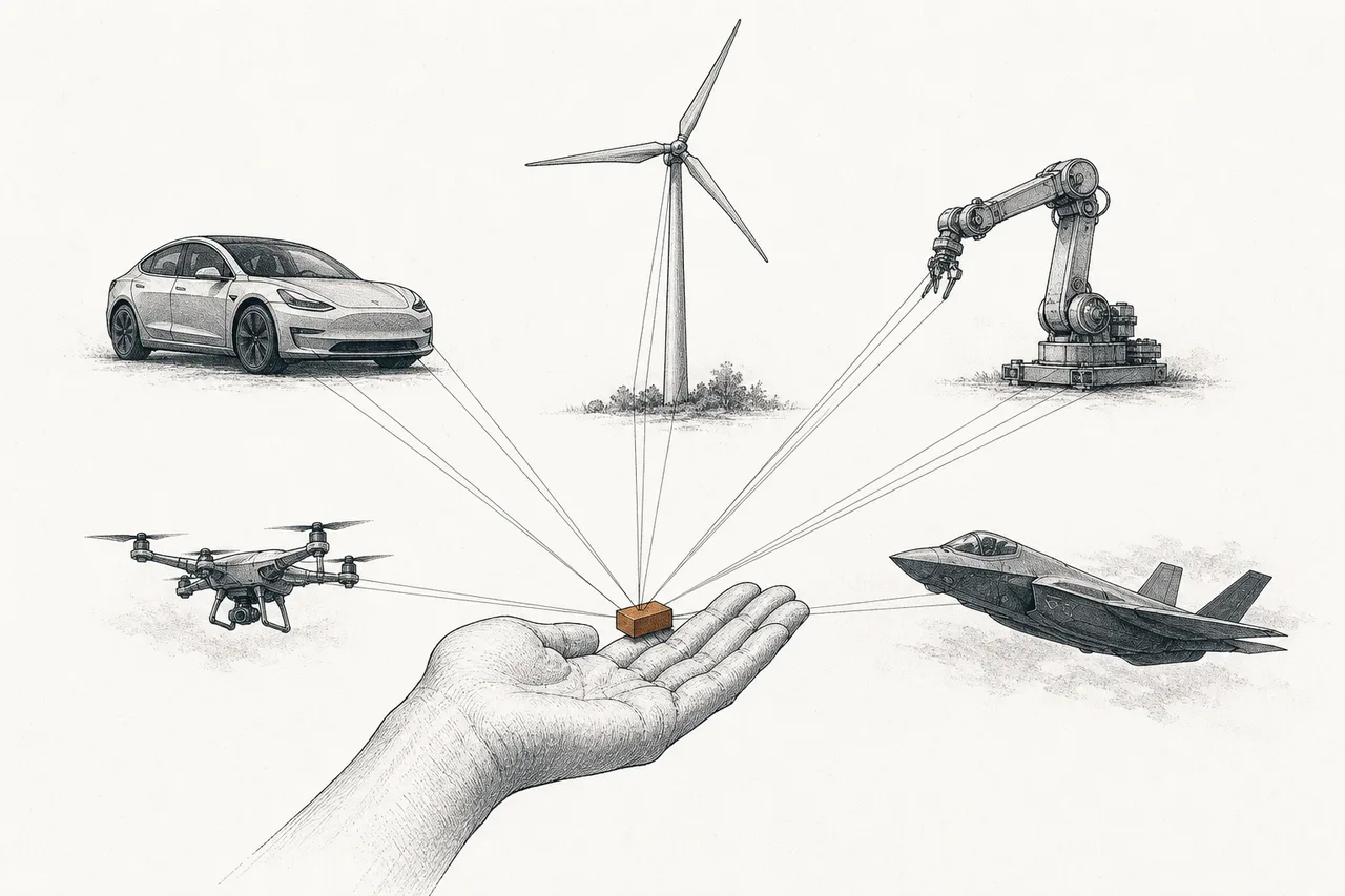 A single small magnet rests on a hand, with enormous lines of force pulling out to the cars, wind turbines, robots, and fighter jets around it