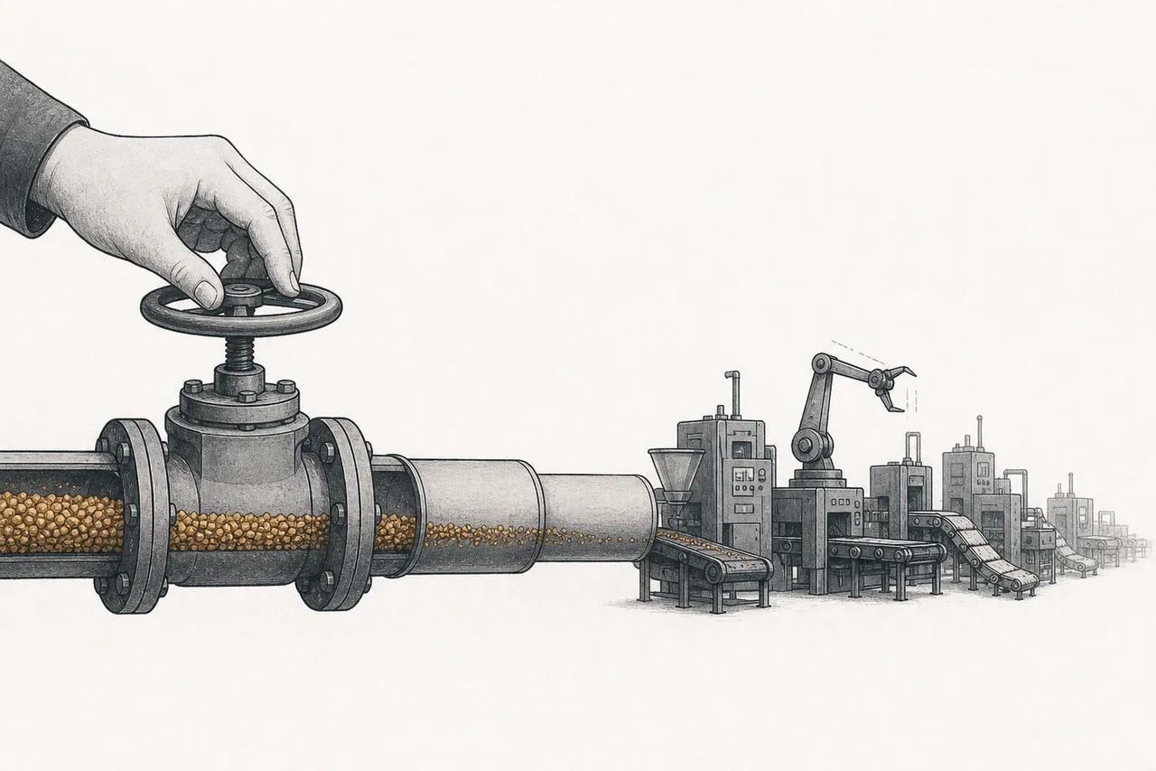 A giant hand slowly closes a valve on a pipe sending ore to factories around the world, while a production-line conveyor on the other side begins to grind to a halt