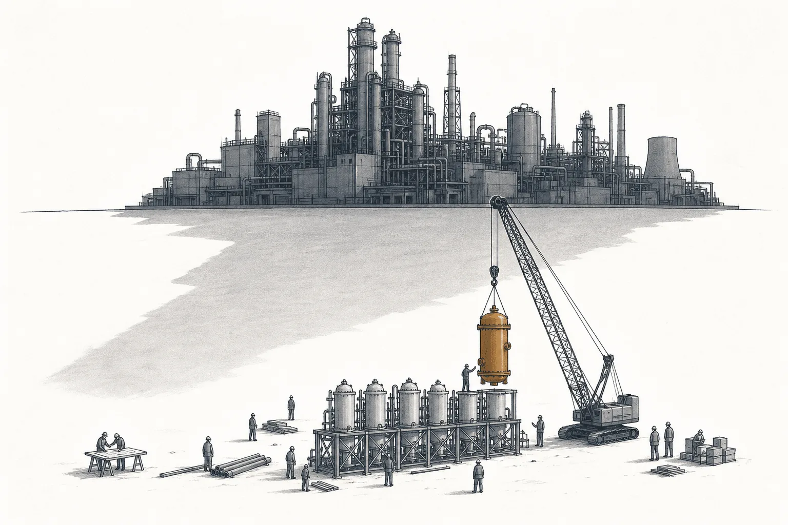 A new separation plant is being built in the shadow of an existing giant factory. Tiny workers connect chemical tanks one by one into a long row, depicting the building of a new rare-earth separation capability outside China.