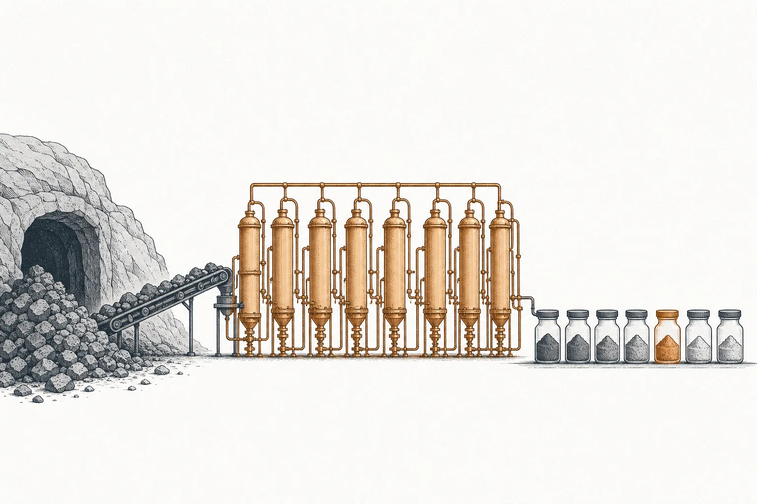 A pile of raw ore at the end of a conveyor belt is gradually split, one bottle at a time, into pure oxide powders of many colors — with chemical tanks lined up in a long row in the middle, the gate everything has to run through.