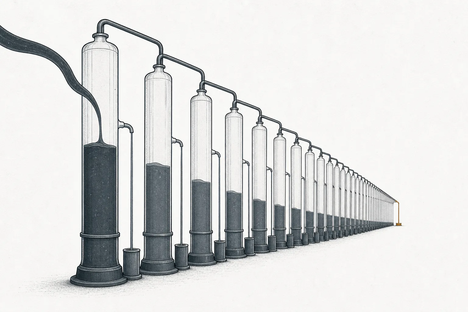 Tall chemical tanks stand in a long connected row inside a factory, with liquid flowing slowly from one tank to the next, splitting off into different colored streams one at a time until pure — depicting the separation of rare-earth elements step by step over hundreds of stages.