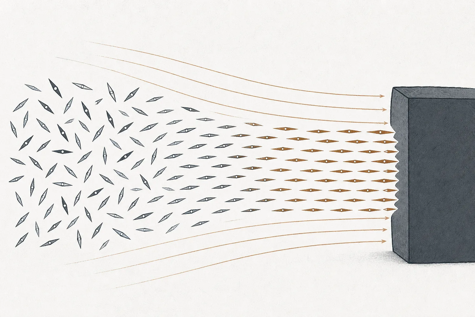 Countless tiny powder grains that were scattered in every direction gradually rotate to face the same way under magnetic field lines, before being pressed and fired into a single block.