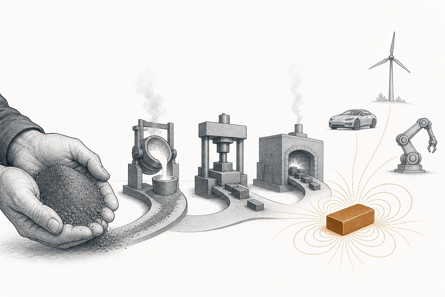 Gray metal powder in a craftsman's hand is gradually processed through a furnace and a mold, until it becomes a small, gleaming magnet sending magnetic field lines to a car motor, a wind turbine, and a robot.