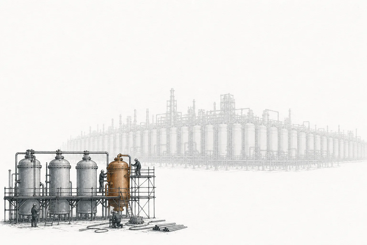 Tiny workers assembling a new row of chemical tanks one by one, in the shadow of an existing giant plant, evoking the buildout of separation capacity outside China.