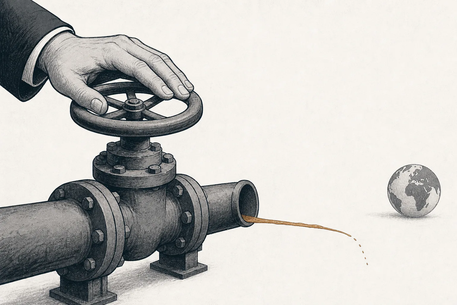 A hand slowly turns a valve to close off a pipe of glowing metal flowing out to the world, evoking the separation step being used as a bargaining tool.