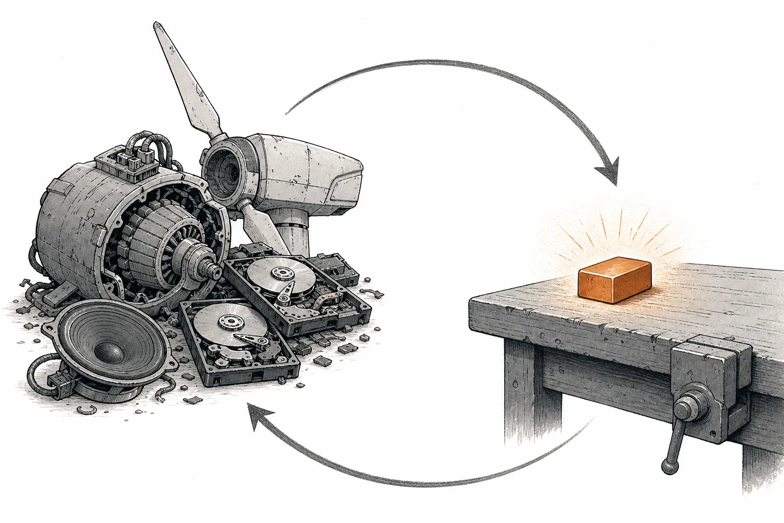 End-of-life EV motors, wind turbines, and hard drives being transformed back into glowing new magnets — the rare-earth mine you don't have to dig.