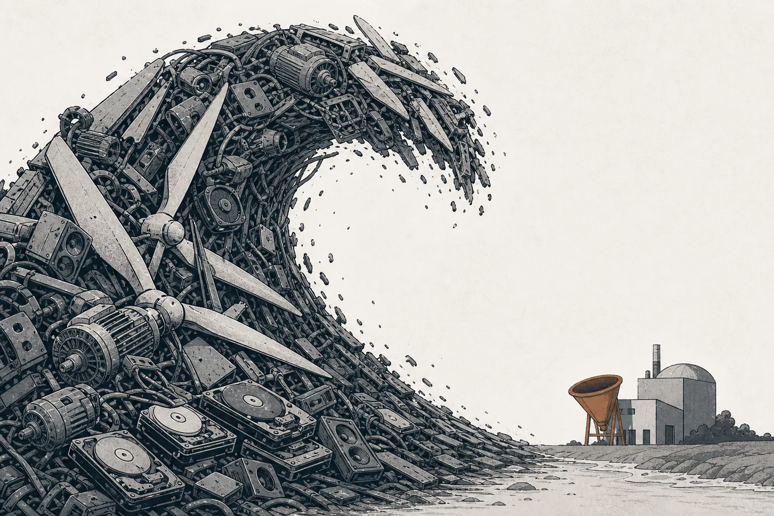 A giant wave made of end-of-life EV motors, wind turbines, and hard drives surging toward a recycling plant waiting for it.