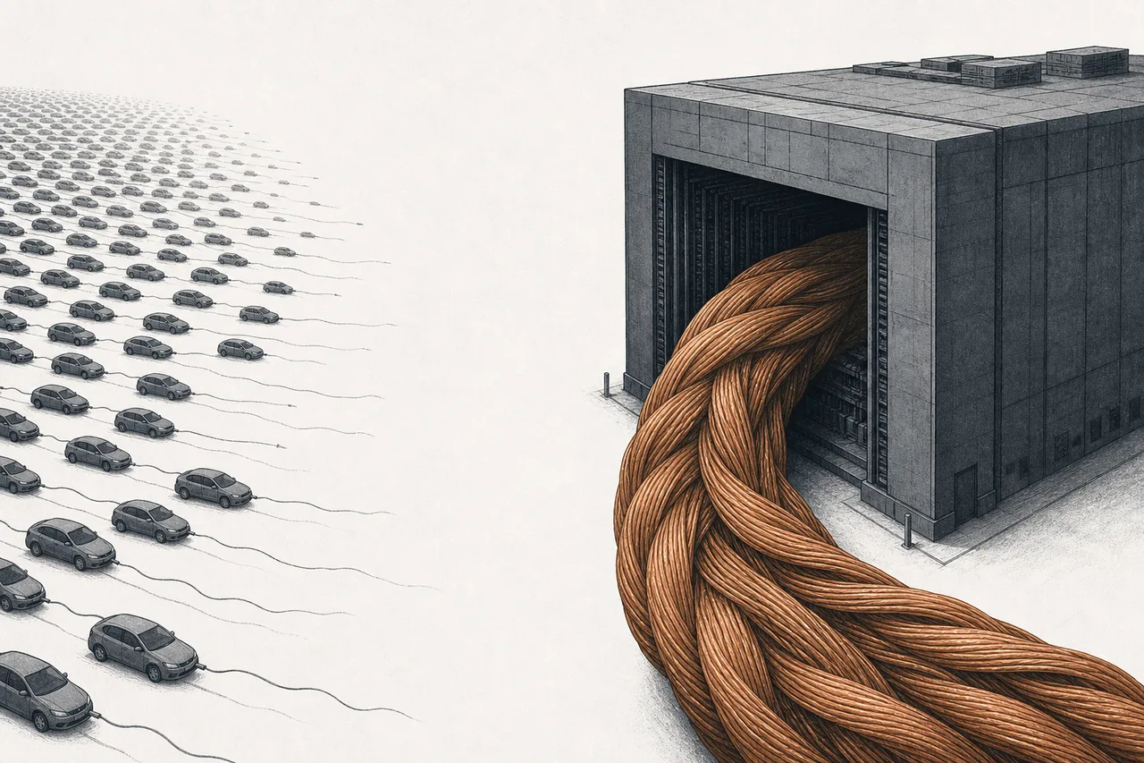 A huge AI data center swallowing an enormous pile of copper, compared with a large crowd of tiny electric vehicles that together use the same amount of copper
