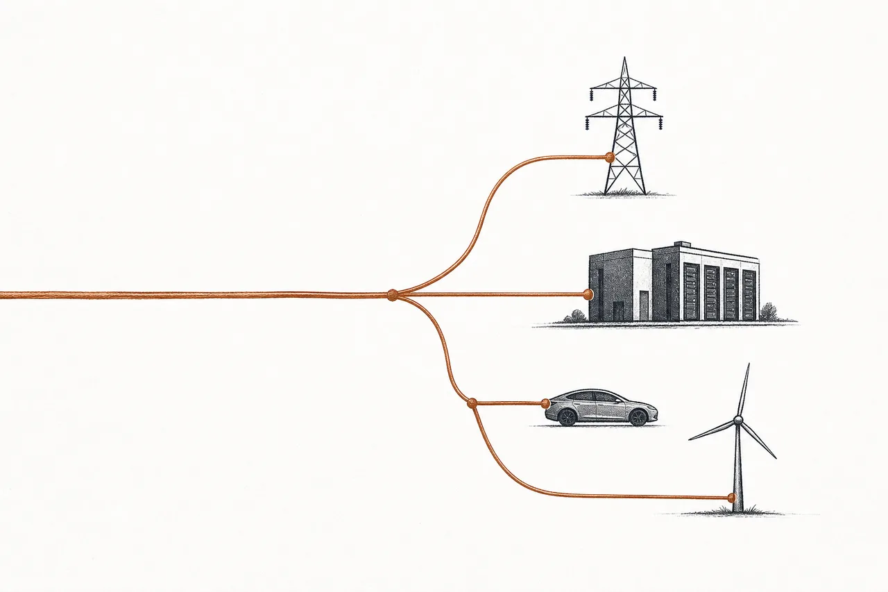 A single copper wire stretching out to connect the whole world — power-line towers, data centers, electric vehicles, and wind turbines