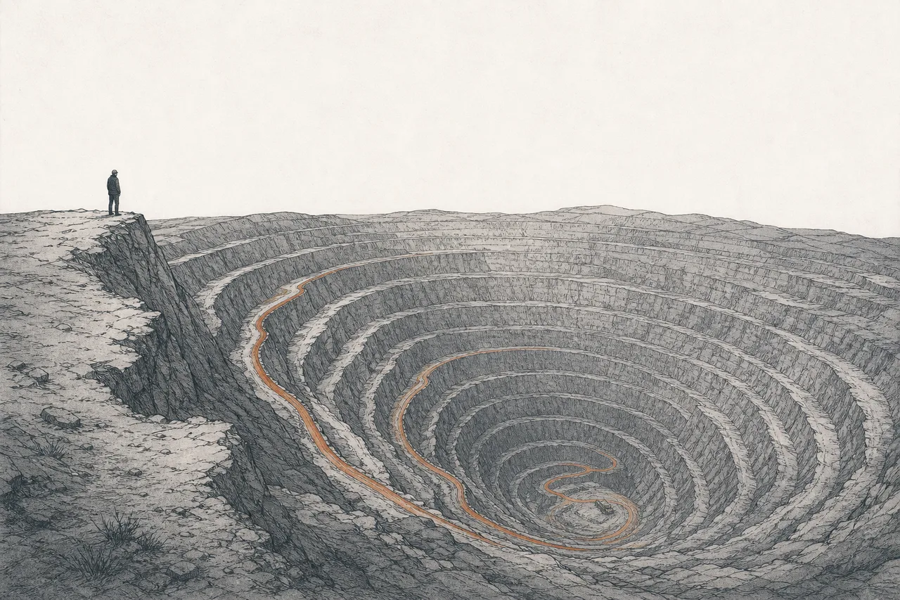 A geologist standing tiny in front of a massive open-pit copper mine dug deep in a spiral, suggesting the decades-long wait before a new mine can produce