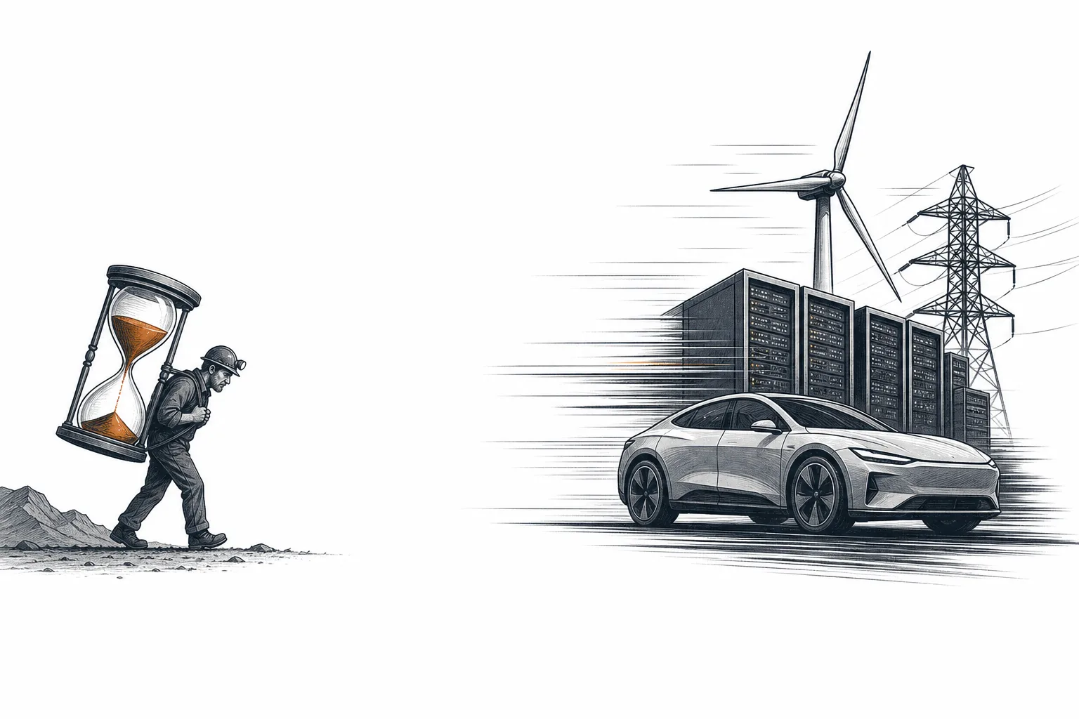 A pack of modern machines — EVs, AI servers, wind turbines — racing ahead fast, while a miner trails slowly behind holding a copper-glowing hourglass, conveying demand outrunning supply.
