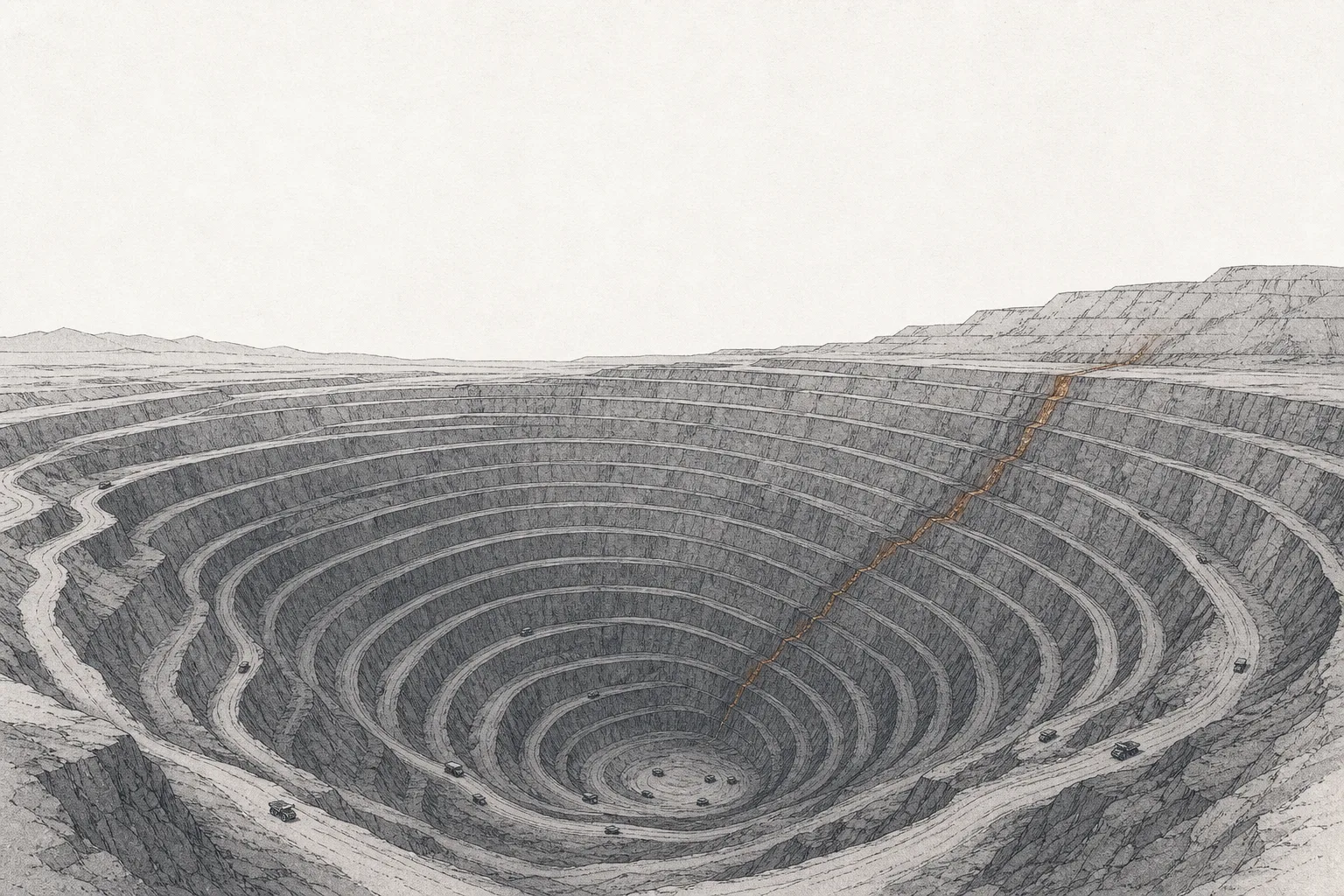 A giant open-pit copper mine spiraling down into the earth in stepped terraces, tiny trucks running at the bottom of the pit, veins of copper ore glowing across the rock walls.
