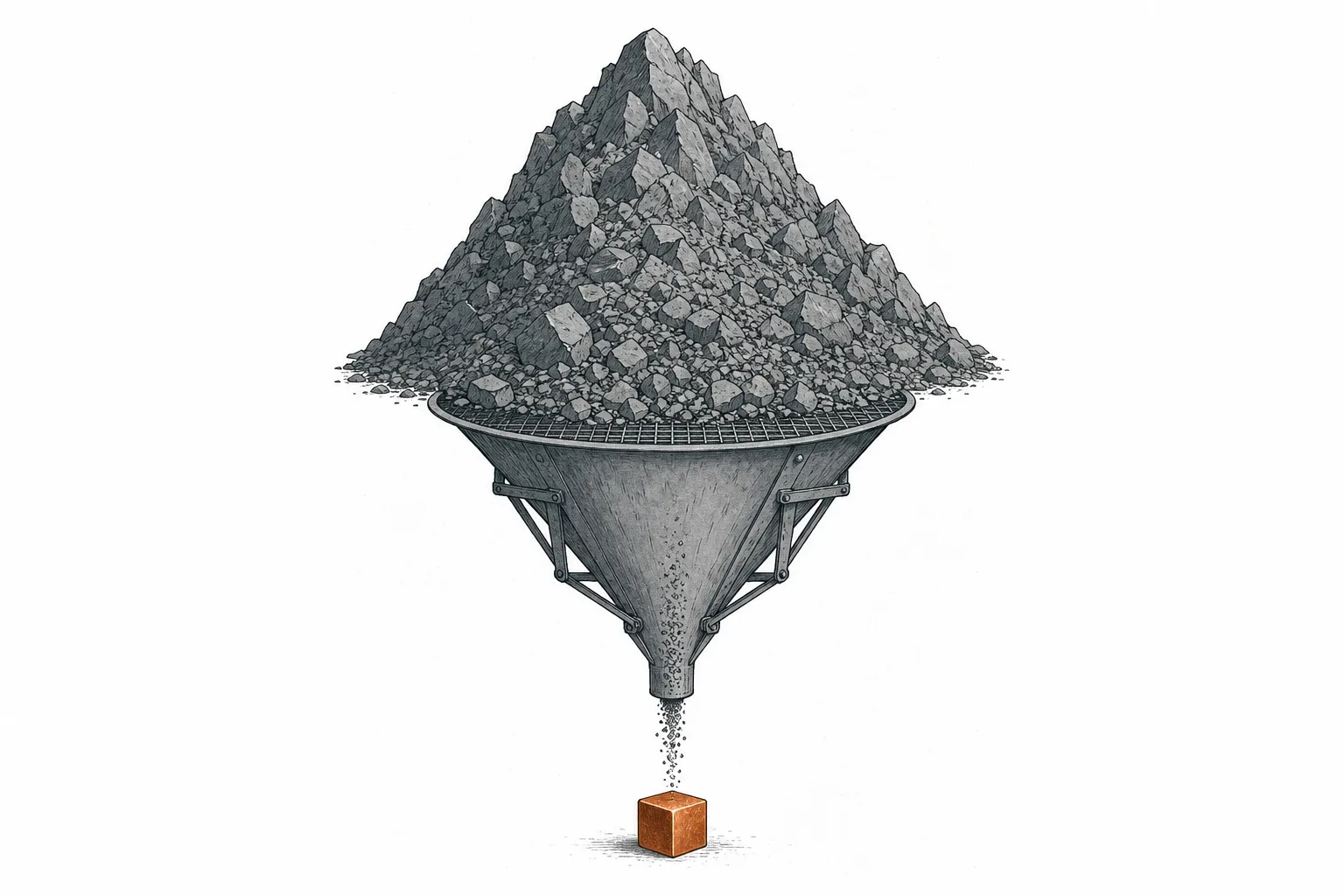 A massive mountain of dull gray rock funneled down through a separator into a single tiny copper-glowing nugget at the tip, conveying a hundred tons of rock for one ton of copper.