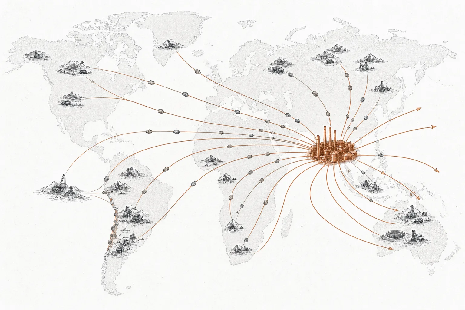 Copper ore from mines worldwide flowing into a single cluster of furnaces, then pure metal flowing back out to the world.