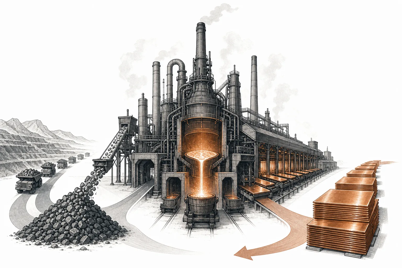 A copper smelter at night, furnaces glowing orange and belching smoke into the sky, with stacks of pure copper cathode sheets in the foreground.
