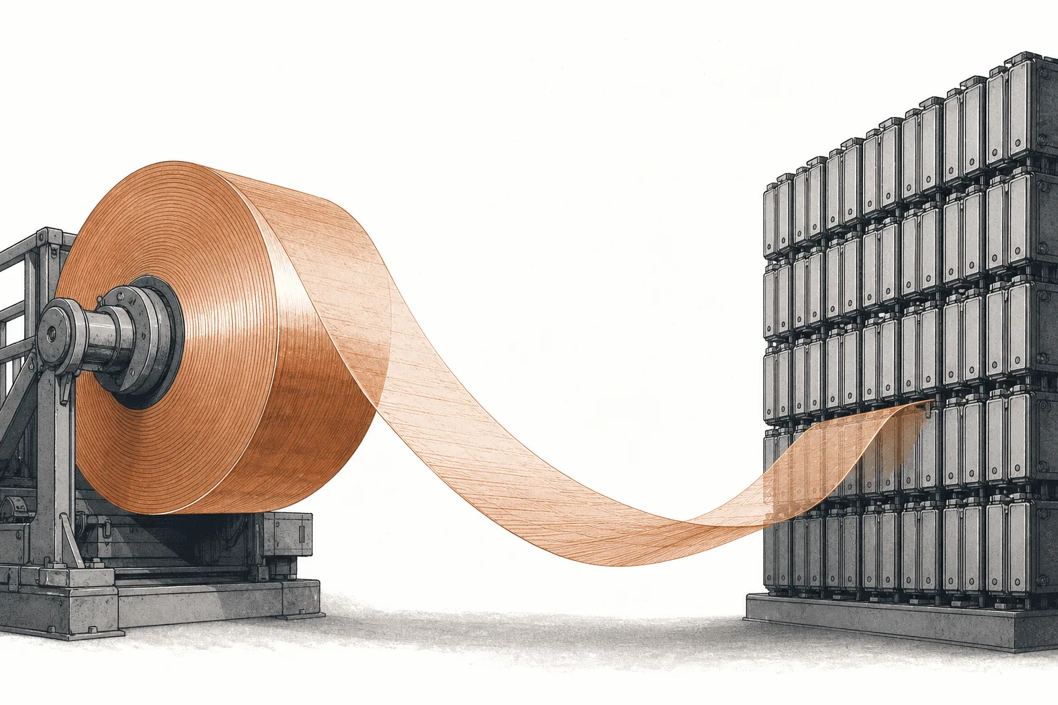A roll of ultra-thin copper foil unspooling to feed a wall of battery cells, conveying the new frontier of fabricated copper.