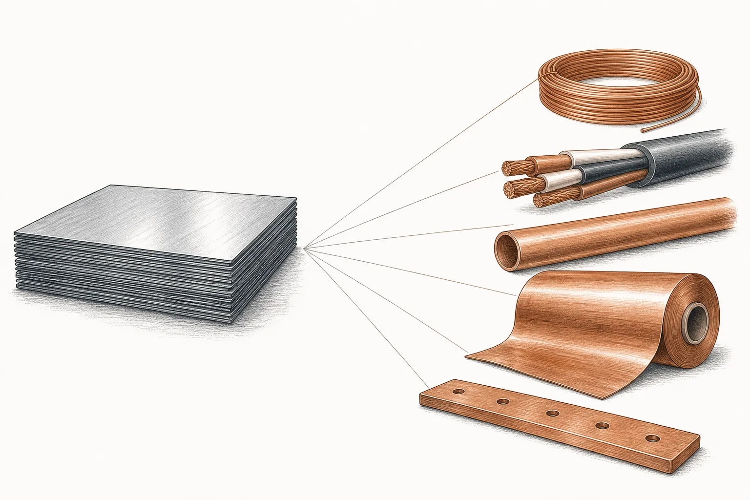 A pure copper sheet on the left fanning out into a spread of copper products on the right — wire, cable, tube, rolls of foil, and busbars.