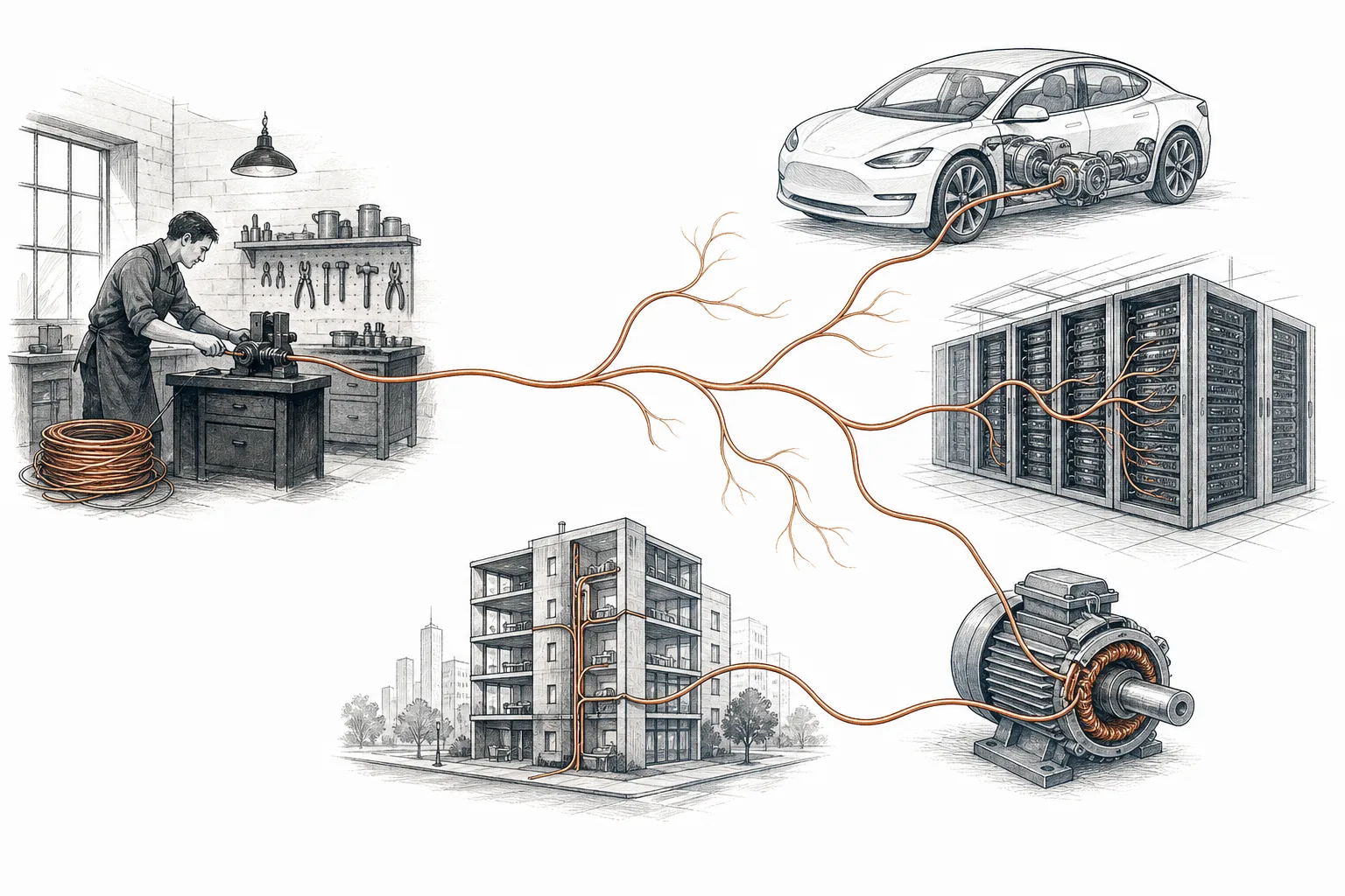 A single copper wire branching out from a factory to feed EVs, server racks, buildings, and motors, like blood vessels.