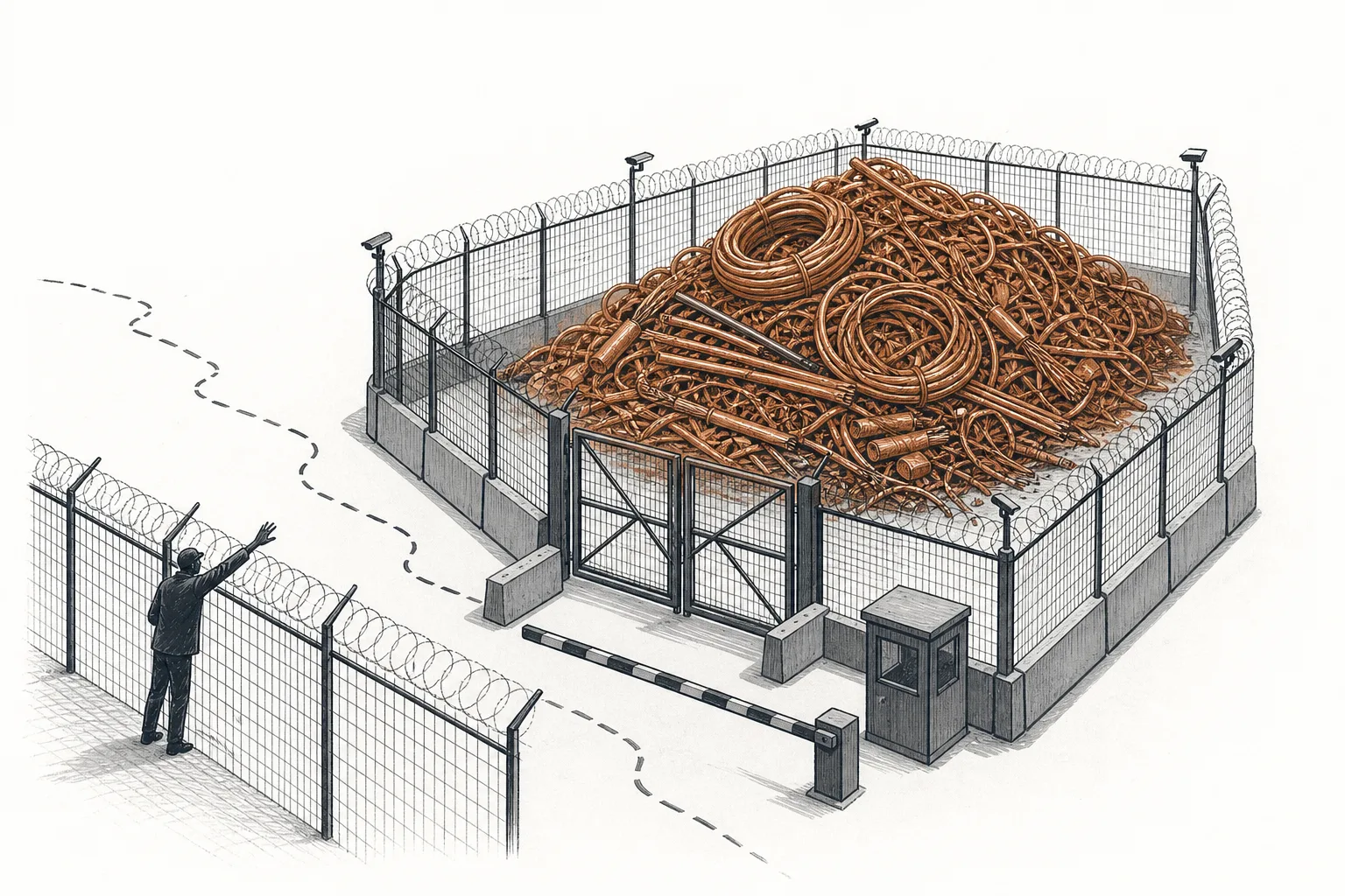 Copper scrap fenced inside each country's borders, conveying scrap becoming a strategic resource with controlled exports.