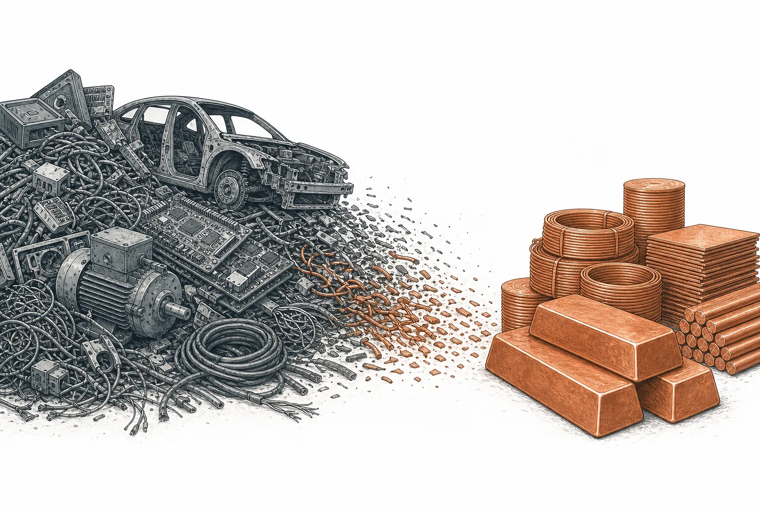 A pile of old wiring, EV motors, and end-of-life circuit boards being remelted into glowing bars of pure copper — the urban mine.