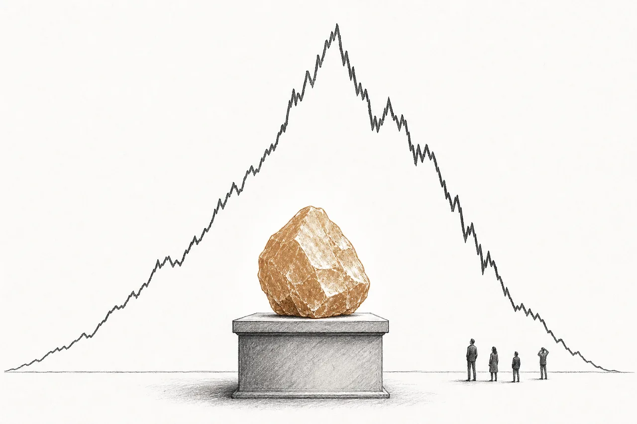 A piece of white lithium ore displayed on a pedestal like gold, with a price chart line surging up then plunging down wrapped around it in the background