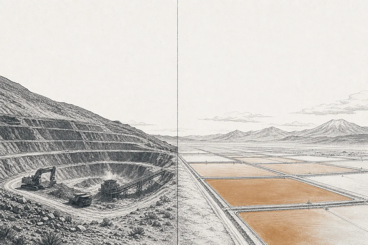 A two-panel image. Left is a hard-rock mine on a dry mountain in Australia; right is a pale-colored brine evaporation pond on a highland plateau