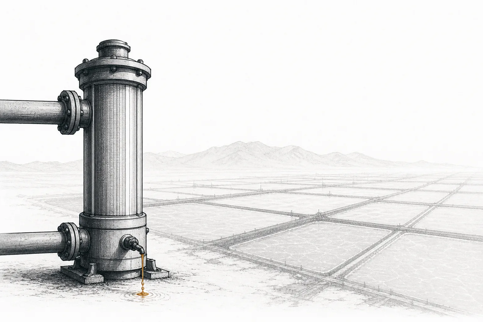 A modern cylindrical filter instantly pulling sparkling lithium from a stream of brine, next to a vast old evaporation pond fading away, evoking new technology replacing the wait for the sun.
