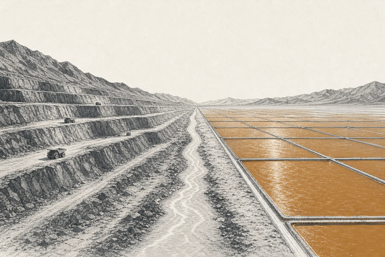 A two-sided image: on the left, an open-pit hard-rock mine on Australia's dry mountains; on the right, pale rectangular brine evaporation ponds lined up across a desert plateau; the two flow together in the middle.