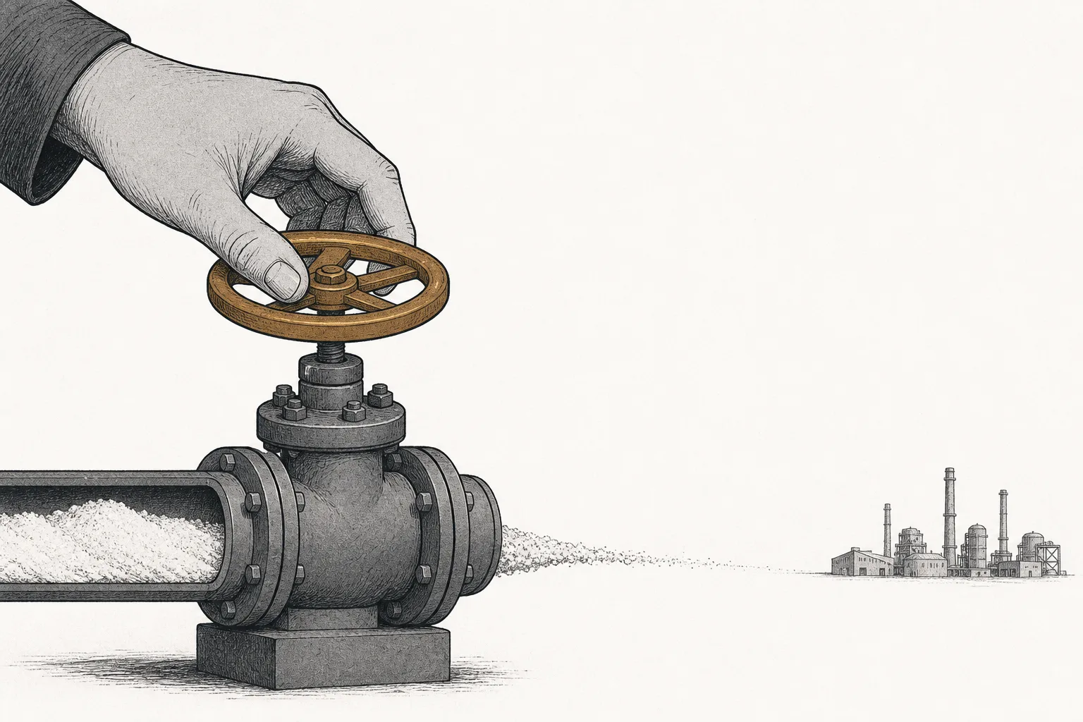 A giant hand closing a refinery valve, symbolizing China locking its refining technology inside the country in 2025.