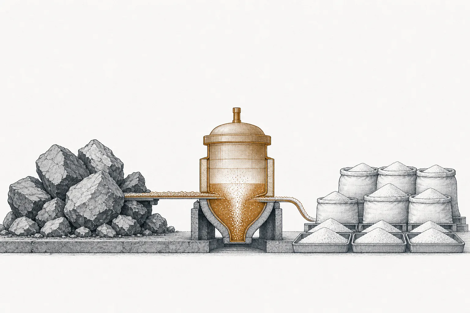 Gray lithium ore rock flowing into a refinery and coming out as pure white lithium chemical powder, bagged and stacked in rows.