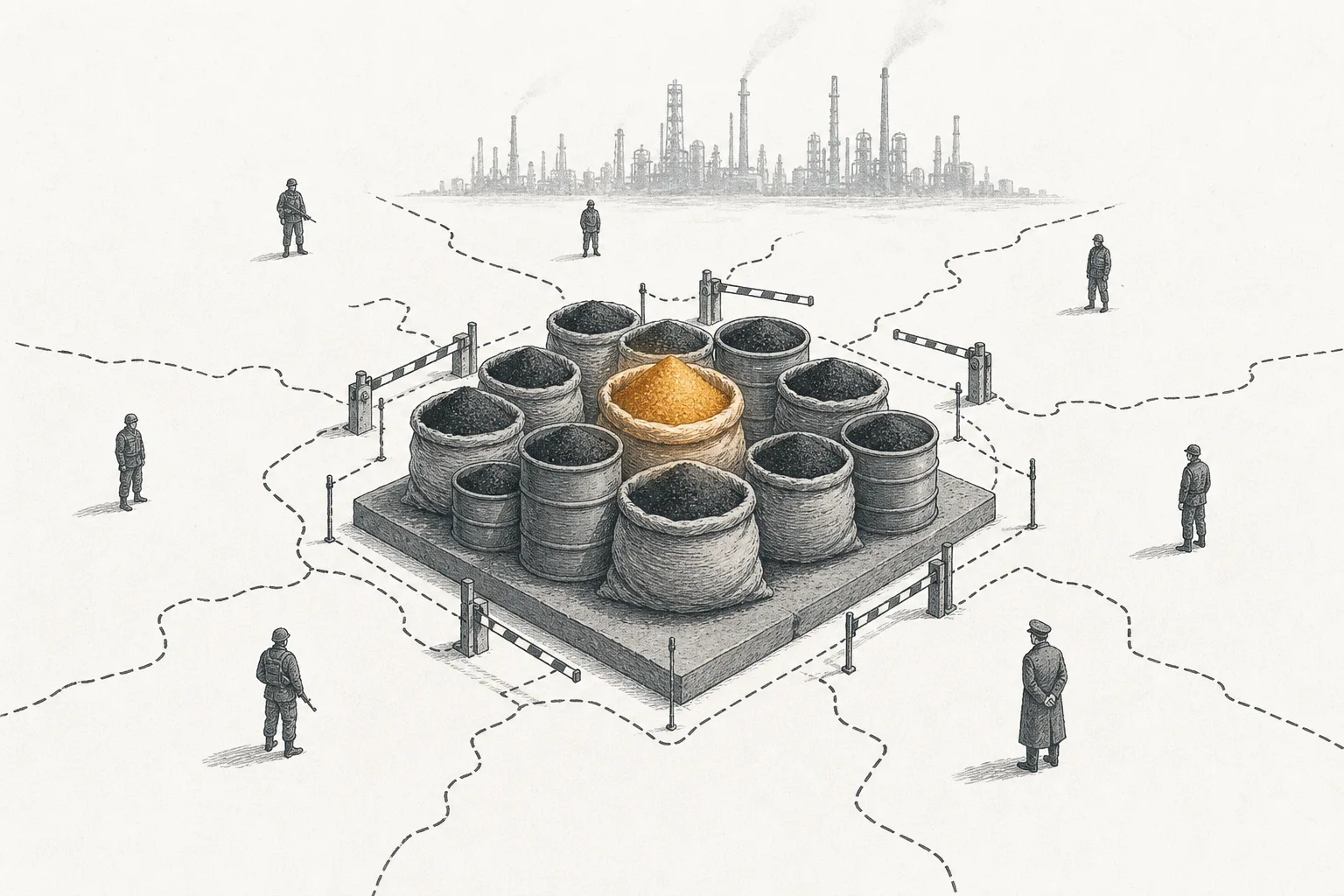 Sacks of black mass powder stacked like piles of precious ore, ringed by national borders, conveying that black powder has become a strategic resource with controlled exports.