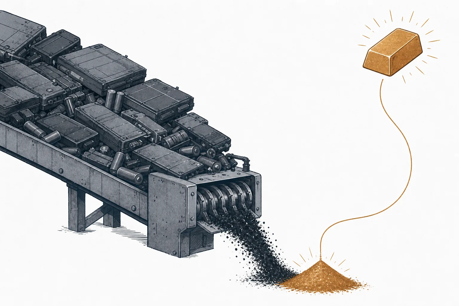 A pile of end-of-life EV batteries being shredded into black powder, then melted back into glowing bars of lithium and nickel metal, conveying an urban mine that needs no digging.