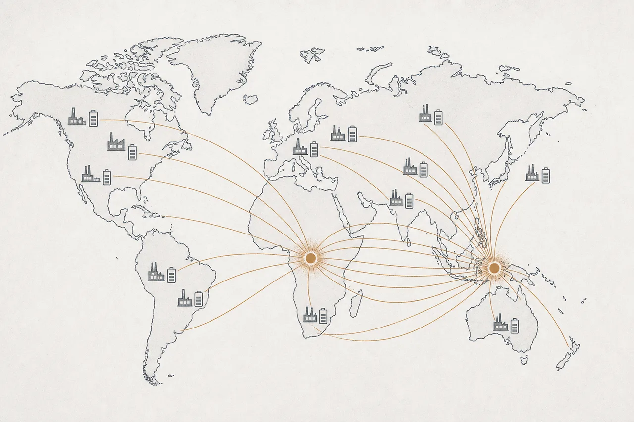 A simple world map with beams shooting out from the islands of Indonesia and from central Africa, feeding battery factories around the world — showing that the whole world depends on ore from just a few points.