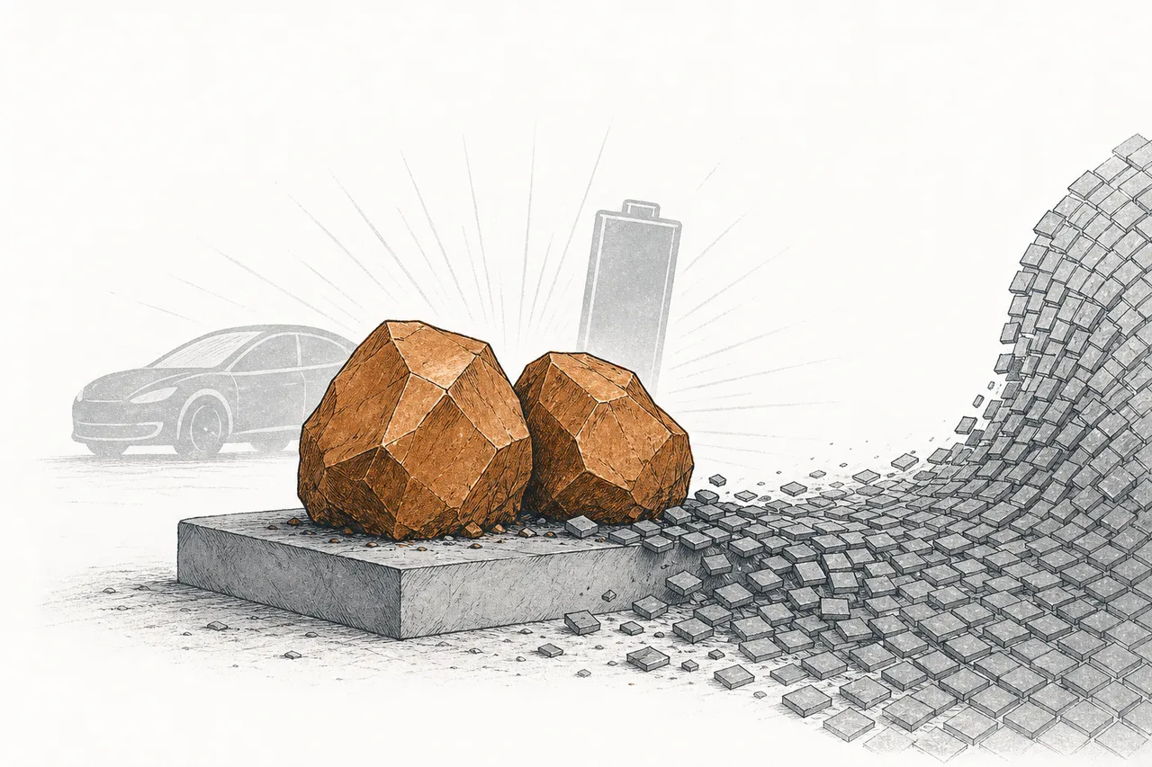 Chunks of nickel and cobalt ore sit prominently in the center, with electric cars and batteries fanning out as shadows, while a wave of new battery technology rolls in from one side.