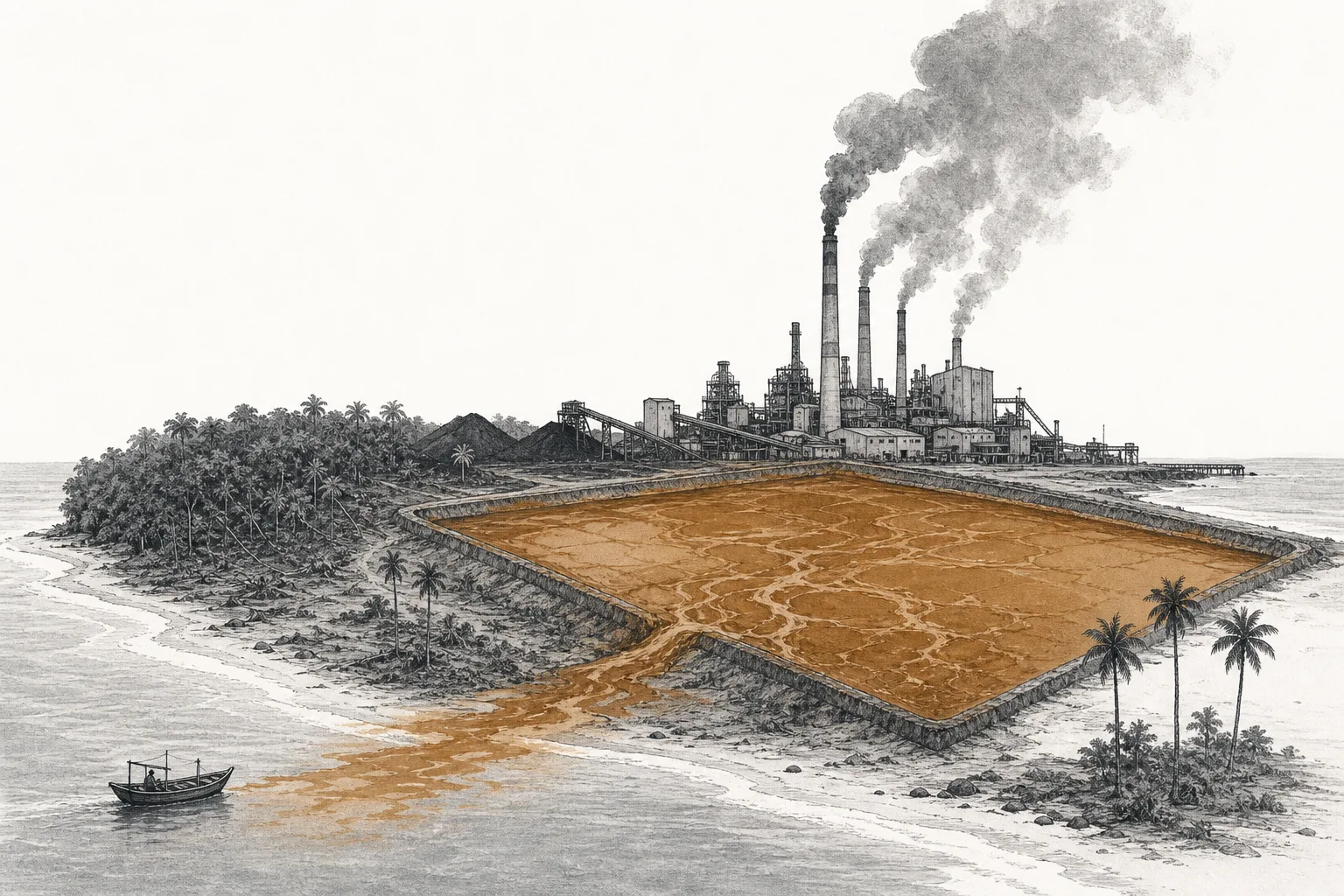 A nickel processing plant on a tropical island, with coal-smoke stacks and murky waste ponds beside encroached forest and sea.