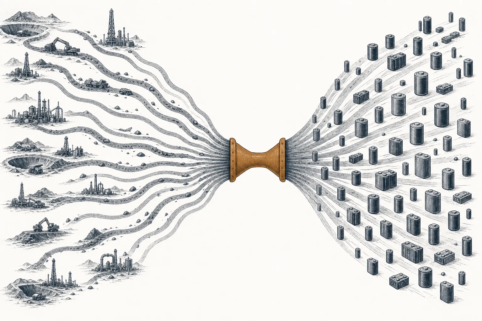 Streams of metal from around the world funneling through a single pair of hands that squeeze into a chokepoint, before spreading out into batteries worldwide, conveying the concentration of the chemical step in China.