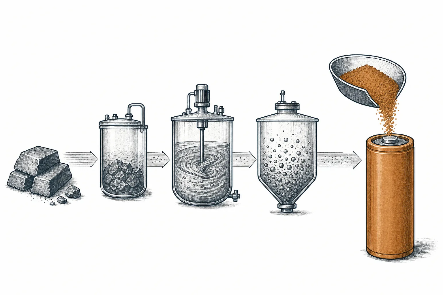 Pure nickel and cobalt metal on the left, gradually transforming through chemical steps into fine cathode powder and a battery cell on the right.