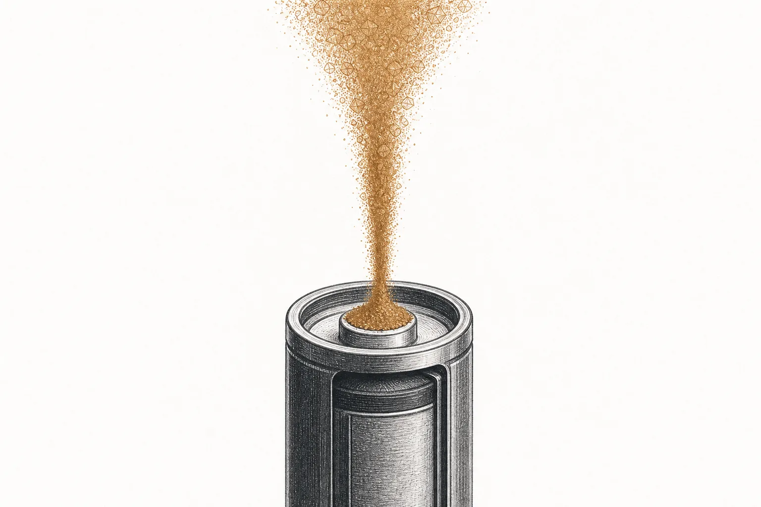 Dark, fine cathode powder pouring in a stream into a battery cell, conveying the last gate before metal becomes the heart of the battery.
