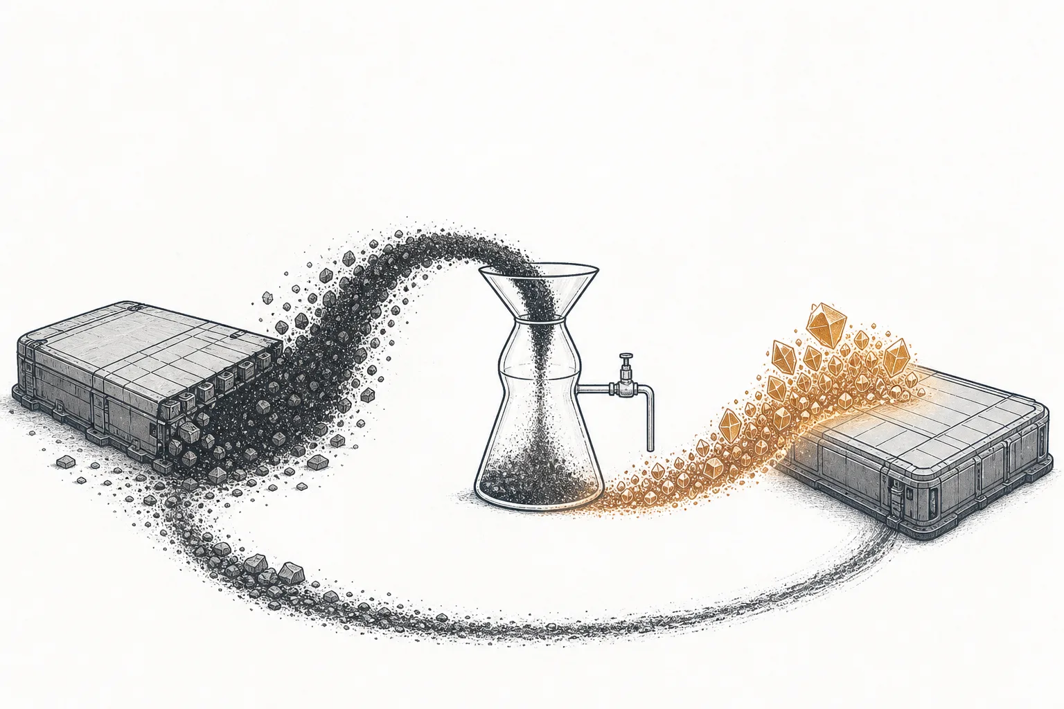 An old EV battery ground into black powder (black mass), then refined back into glowing nickel and cobalt sulfate crystals that loop back into a fresh battery — the urban mine, battery edition.