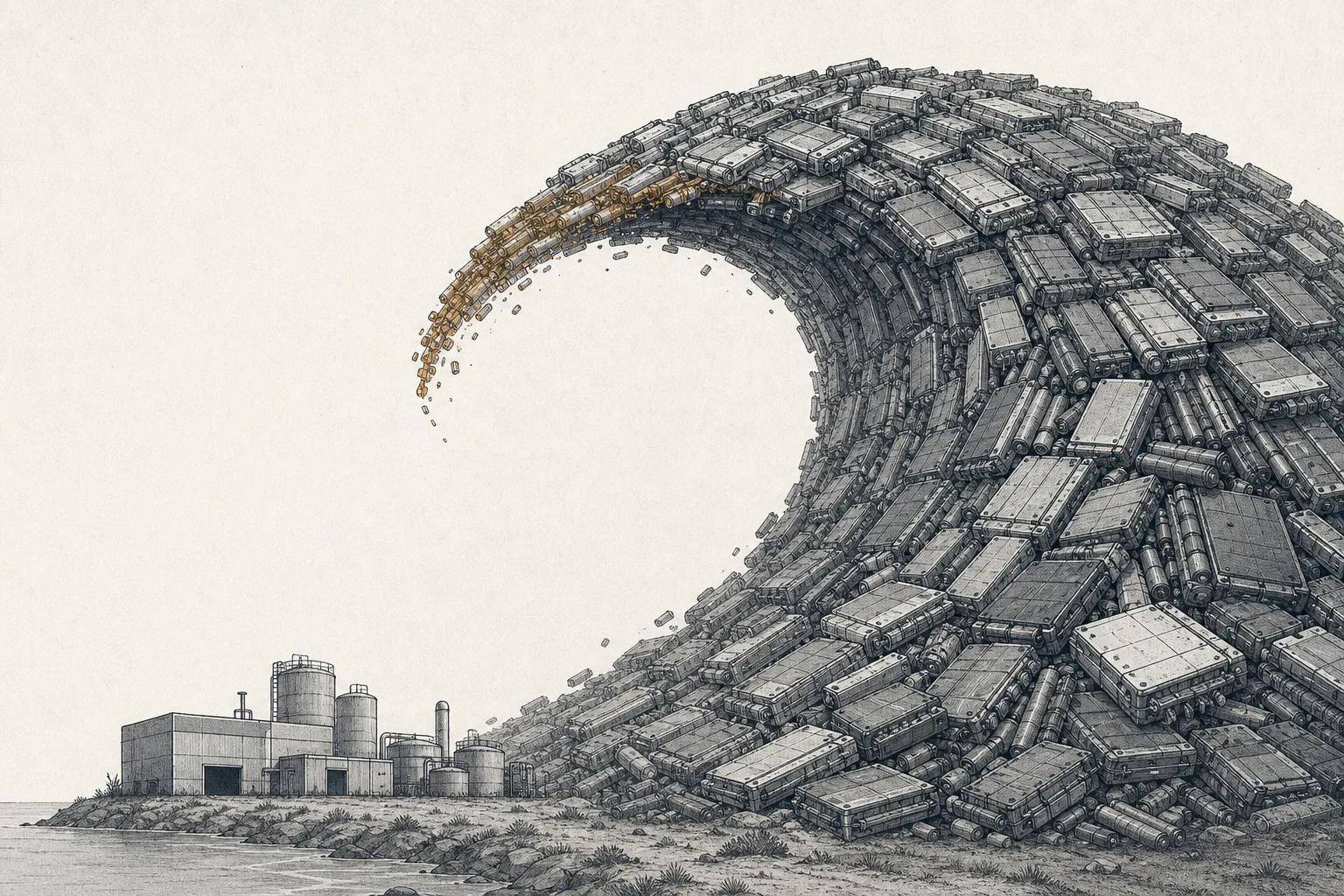 A wave of end-of-life EV batteries building into a huge swell on the horizon, conveying the enormous volume of old batteries about to enter the recycling system.