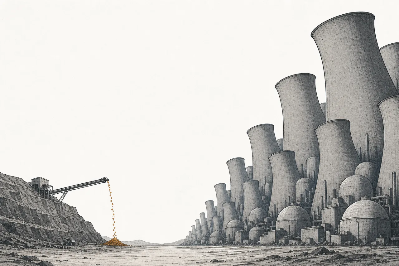 A small, slow-to-dig uranium mine sits opposite a crowd of fuel-hungry nuclear reactors, with a wide gap opening up between the two sides