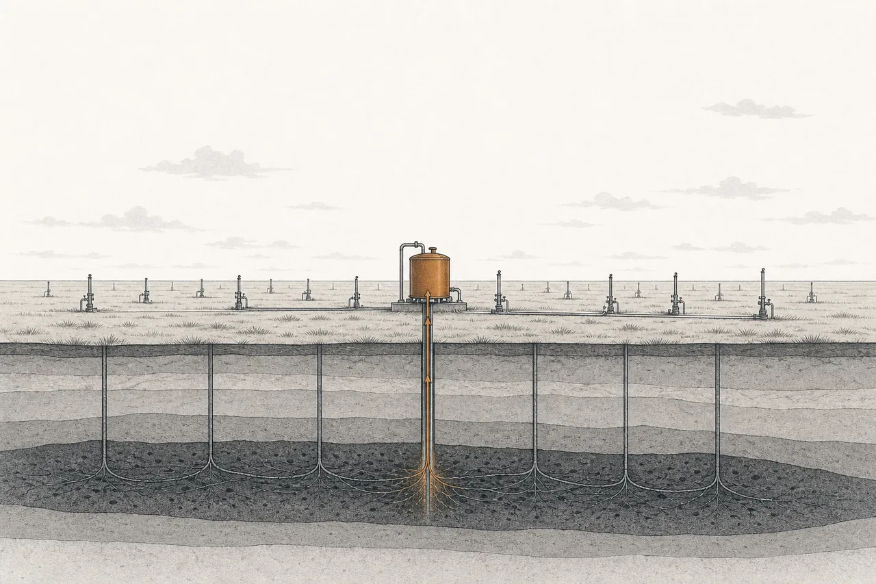 A flat grassland with small pipes set into the ground in rows, pumping a solution down to dissolve the uranium ore underground and then drawing it back up, instead of digging an open pit