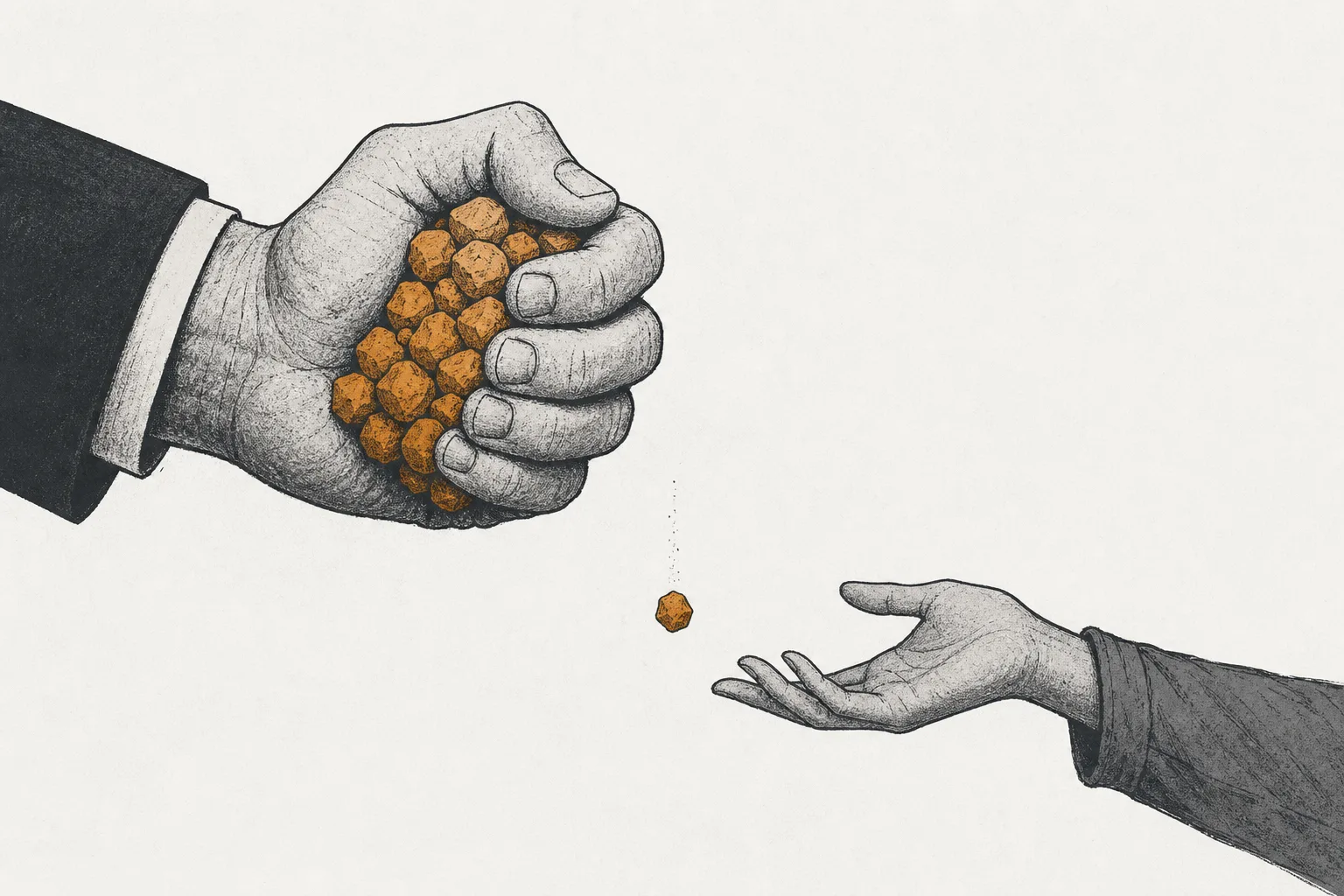 A picture comparing two hands: one grips a big chunk of uranium ore tightly, while the other, the West's, reaches out to ask for a share — showing that the bargaining power sits with the concentrated producers