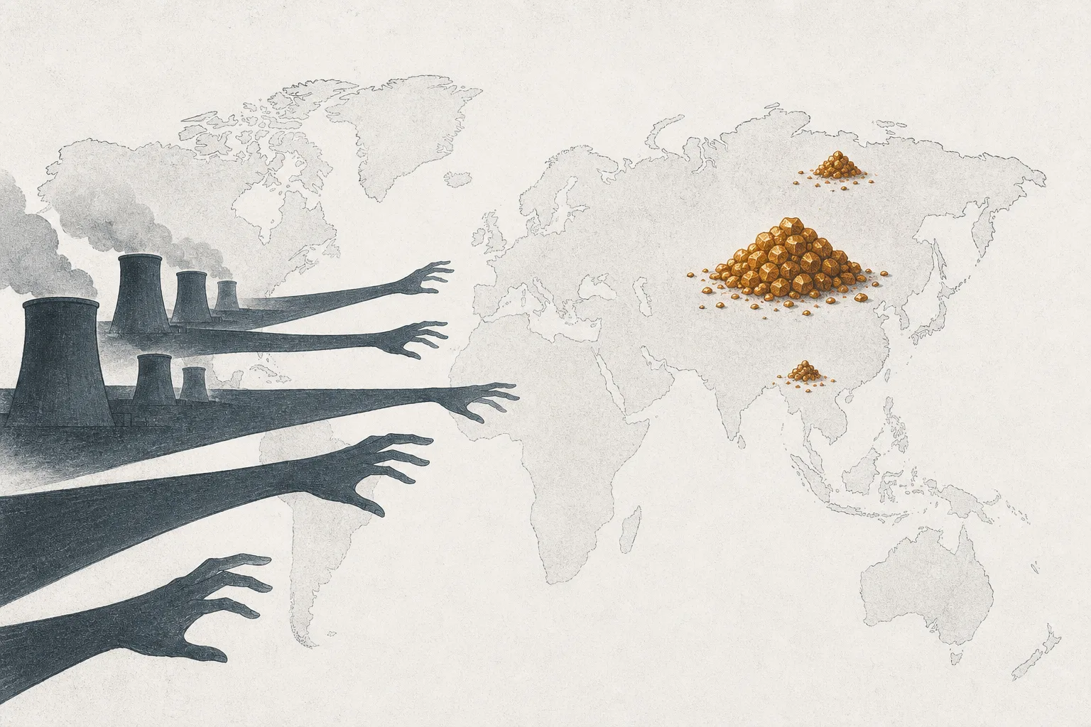A world map with piles of uranium ore clustered in just a few spots, the biggest one in the middle of Asia, while Western nuclear plants reach a hand across the continent to try to grab it