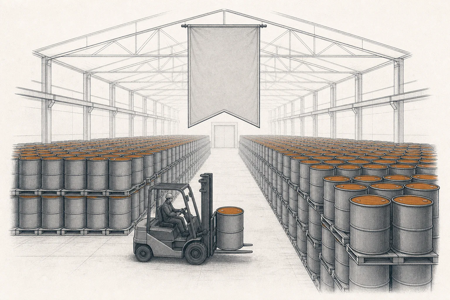 Rows and rows of uranium canisters lined up in a warehouse flying a national flag, depicting a state hoarding the mineral as a strategic reserve, like an oil stockpile
