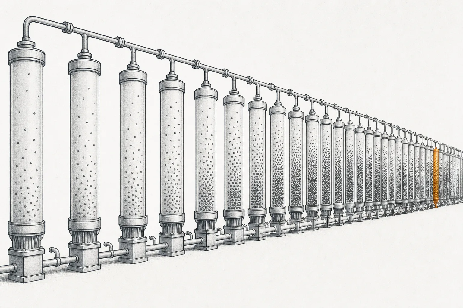 Rows of tall centrifuges lined up in a long sequence, each passing slightly more concentrated gas to the next — representing the enrichment cascade.
